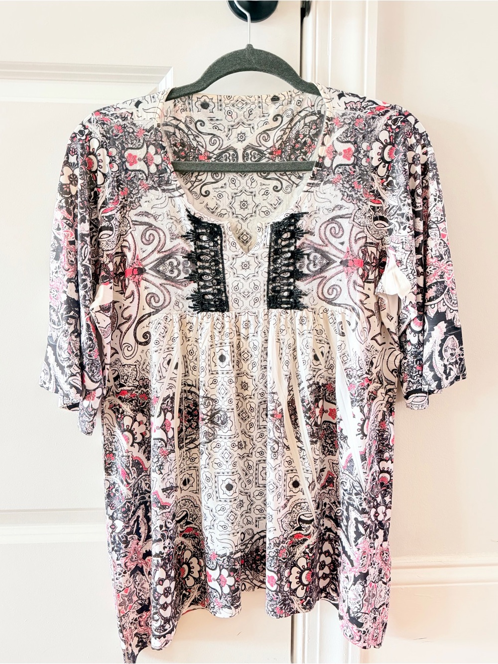 Women’s Printed Peasant Top with Embroidered Yoke - White, Black & Pink